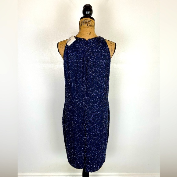 Linda Allard Ellen Tracy Silk Beaded Mini Dress Size 12 Blue Embellished RT $915 - Picture 3 of 13